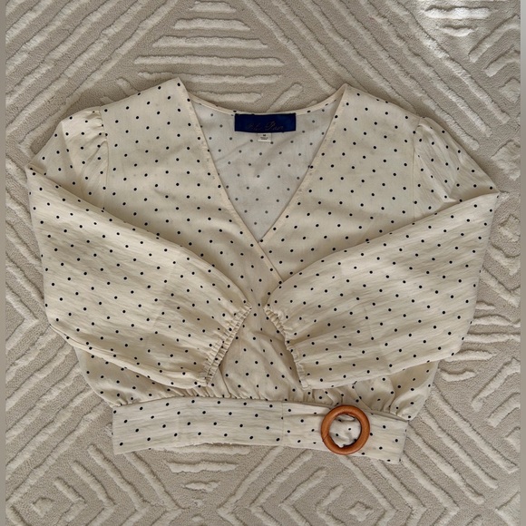 Francesca’s Collection Blue Rain Ivory & Black Polka Dot Wrap Blouse - Picture 14 of 16